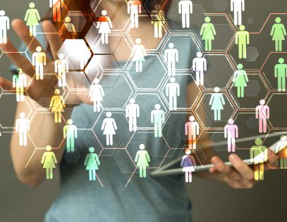 hand of businessman and social network on tech
