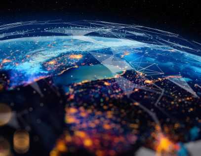Global digital network overlay on Earth at night, representing cross-border activity tied to transfer pricing and intangibles.