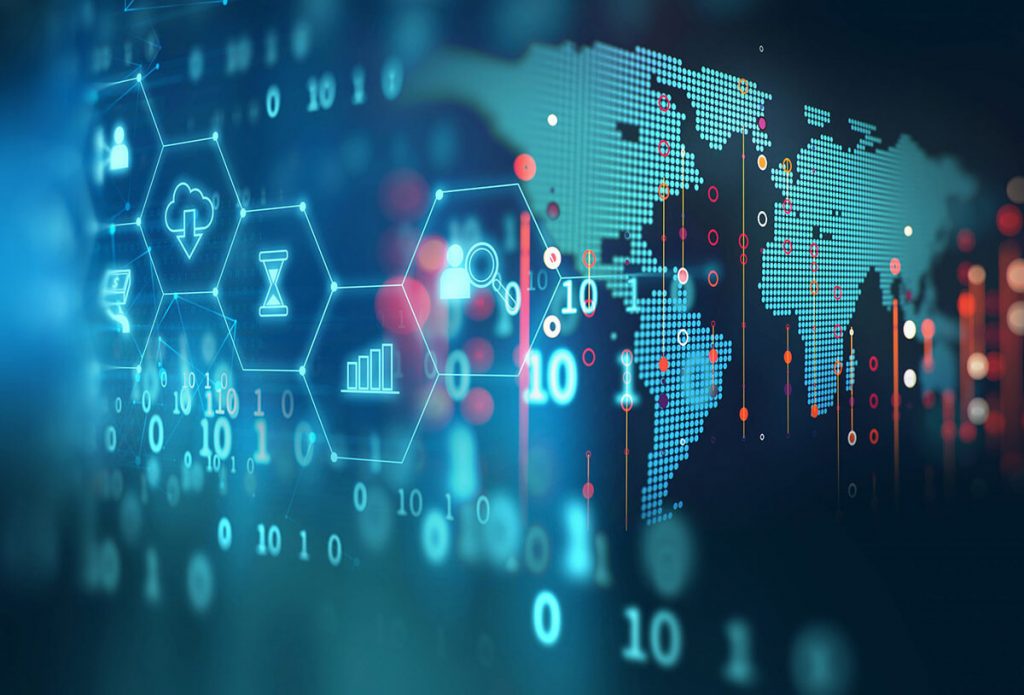 A digital concept with a world map formed by dots, hexagonal technology icons, and binary numbers overlaying a blue background.