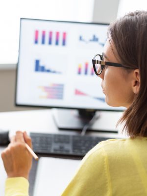 Caucasian advisor financial business analytics woman with data dashboard graphs