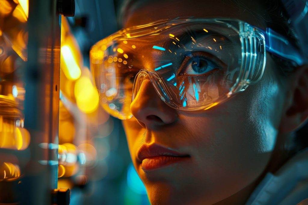 Close-up of a person wearing safety goggles, focused on a machine in a lab