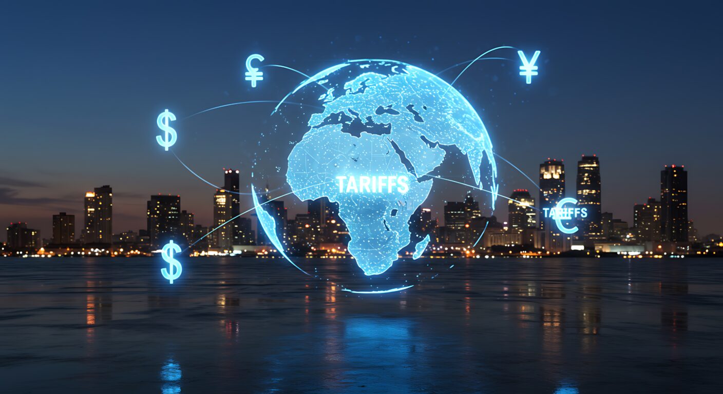 Picture of a glove lit up in the night city skyline shows tariffs are being charged around the world and they are expensive for all countries. Lights in apartments. Riverscape.