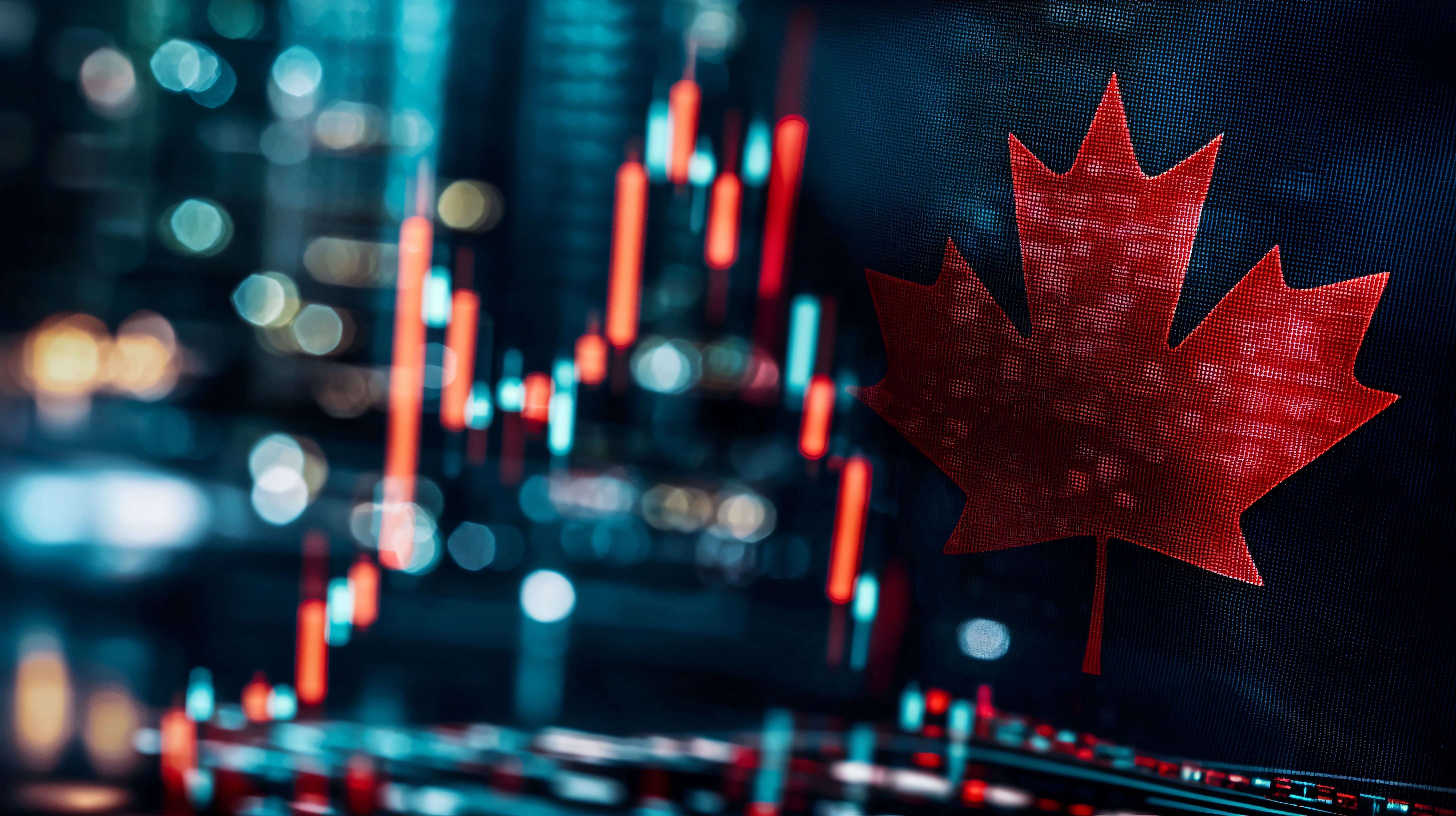 Stock market chart. Finance, economy, business and flag concept. Financial growth with Canadian flag backdrop