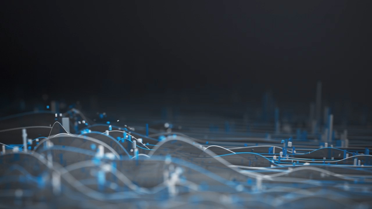 Abstract 3D data visualization with glowing blue and white waves and bars on a dark background.