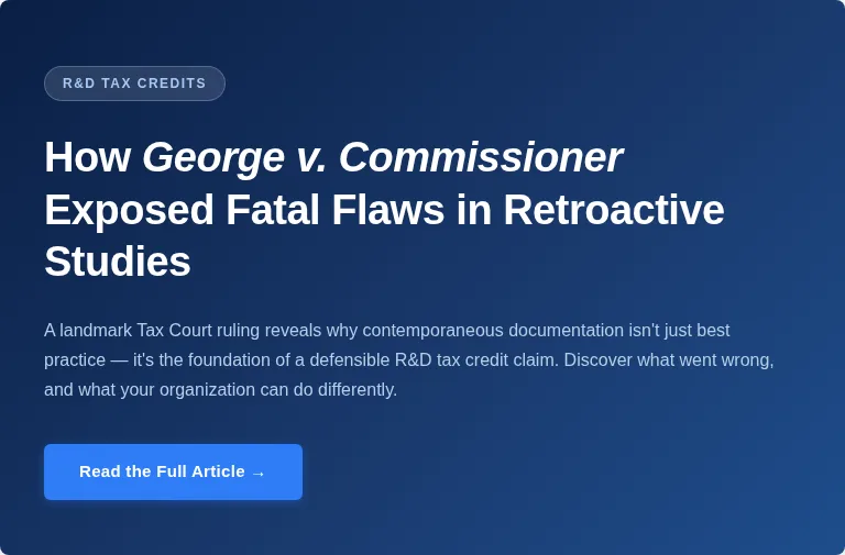 Article banner on R&D Tax Credits highlighting the George v. Commissioner tax court ruling on retroactive studies.
